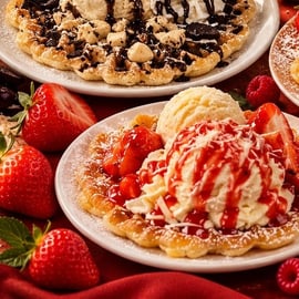 Frisch gebackene Waffel mit Erdbeeren, Eis und Sahne
