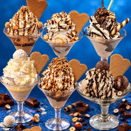 Eisbecher mit Sahne, Schokosoße und Waffelherz